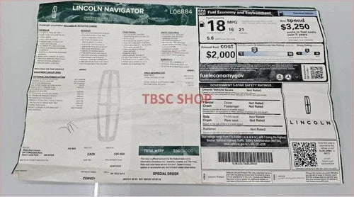Dealer Window Sticker for Lincoln Navigator 4X4 Reserve (2018) L06884