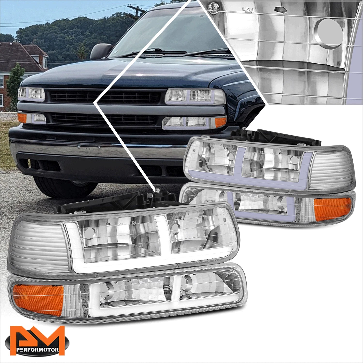 F-Shape LED DRL Headlights for Silverado/Suburban/Tahoe (1999–2006)