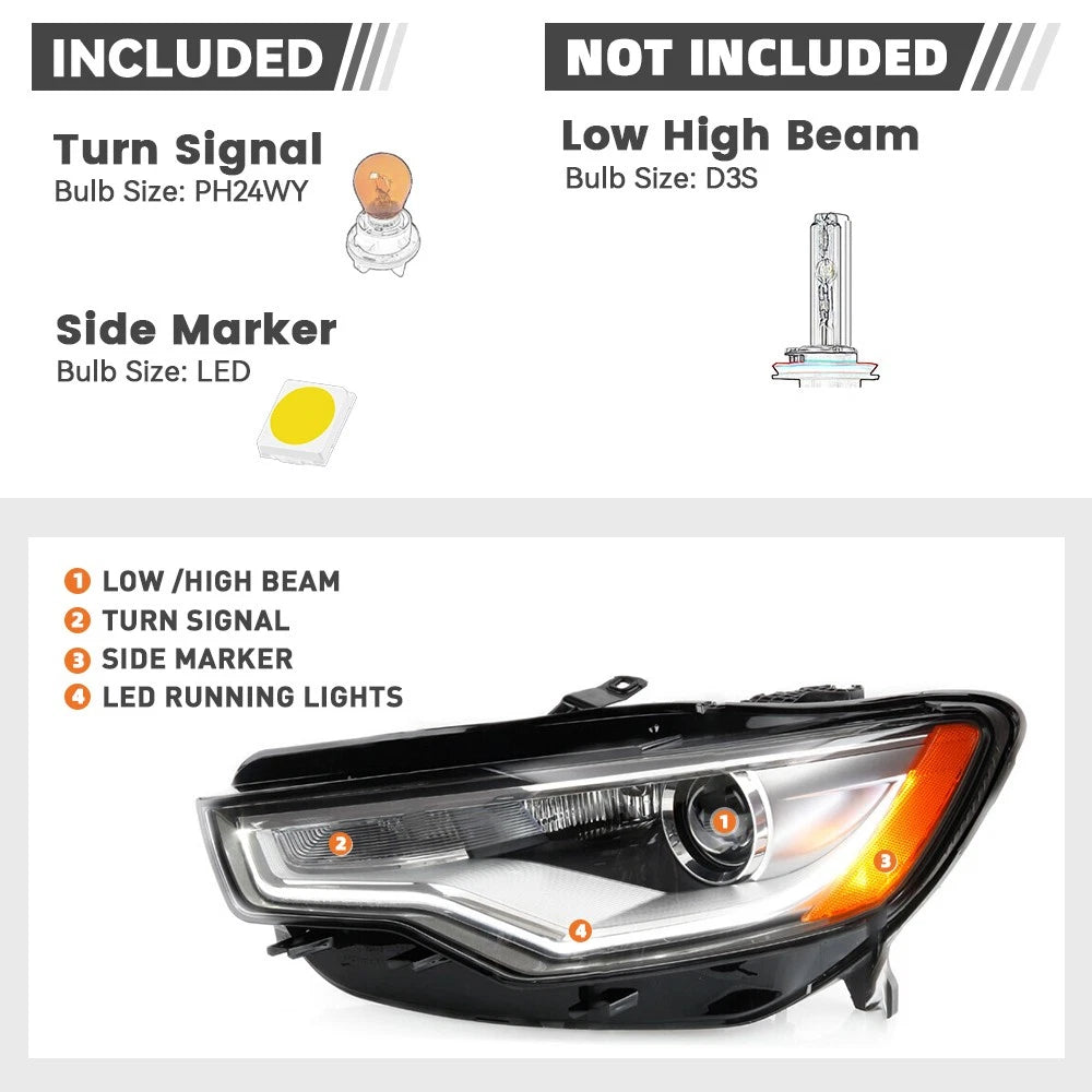 HID Headlight for Audi A6 S6 (2012–2015) Left w/o Auto Leveling, Bulb, Ballast