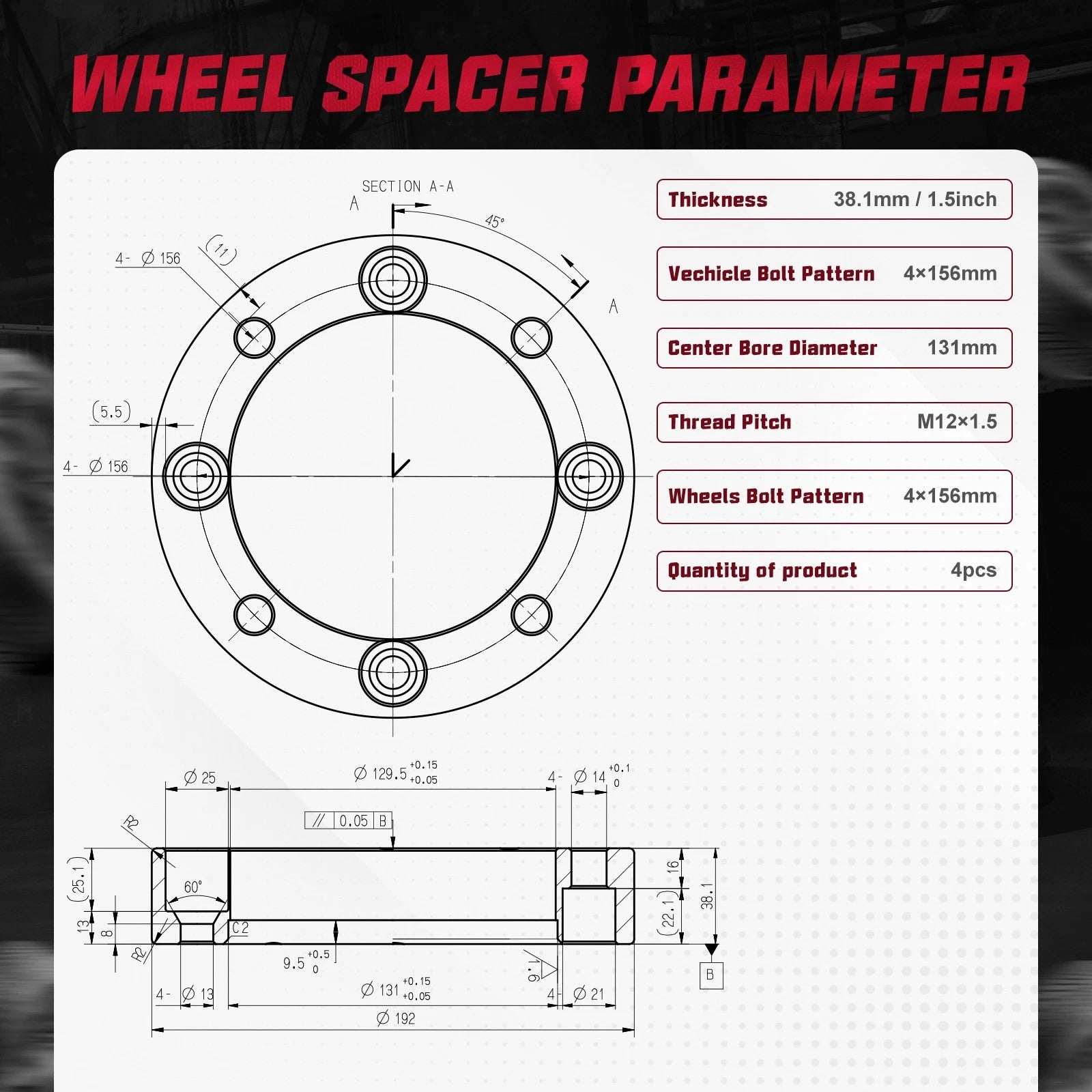 Set of 4 Wheel Spacers 1.5" 4x156 12x1.5 for Polaris RZR XP 1000 Ranger 900