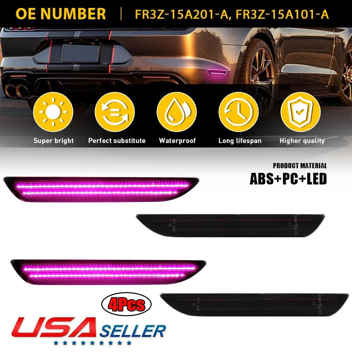 Set of 2 Smoked Lens LED Rear Bumper Side Marker Lights for Ford Mustang (2015–2023)