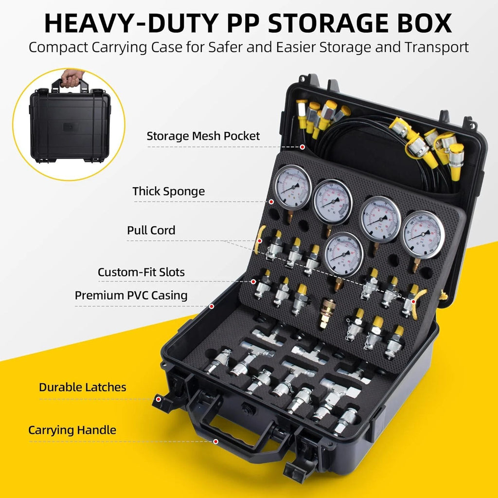 Hydraulic Pressure Test Kit 5 Gauge with 13 Couplings & 14 Tee Connectors for Excavator