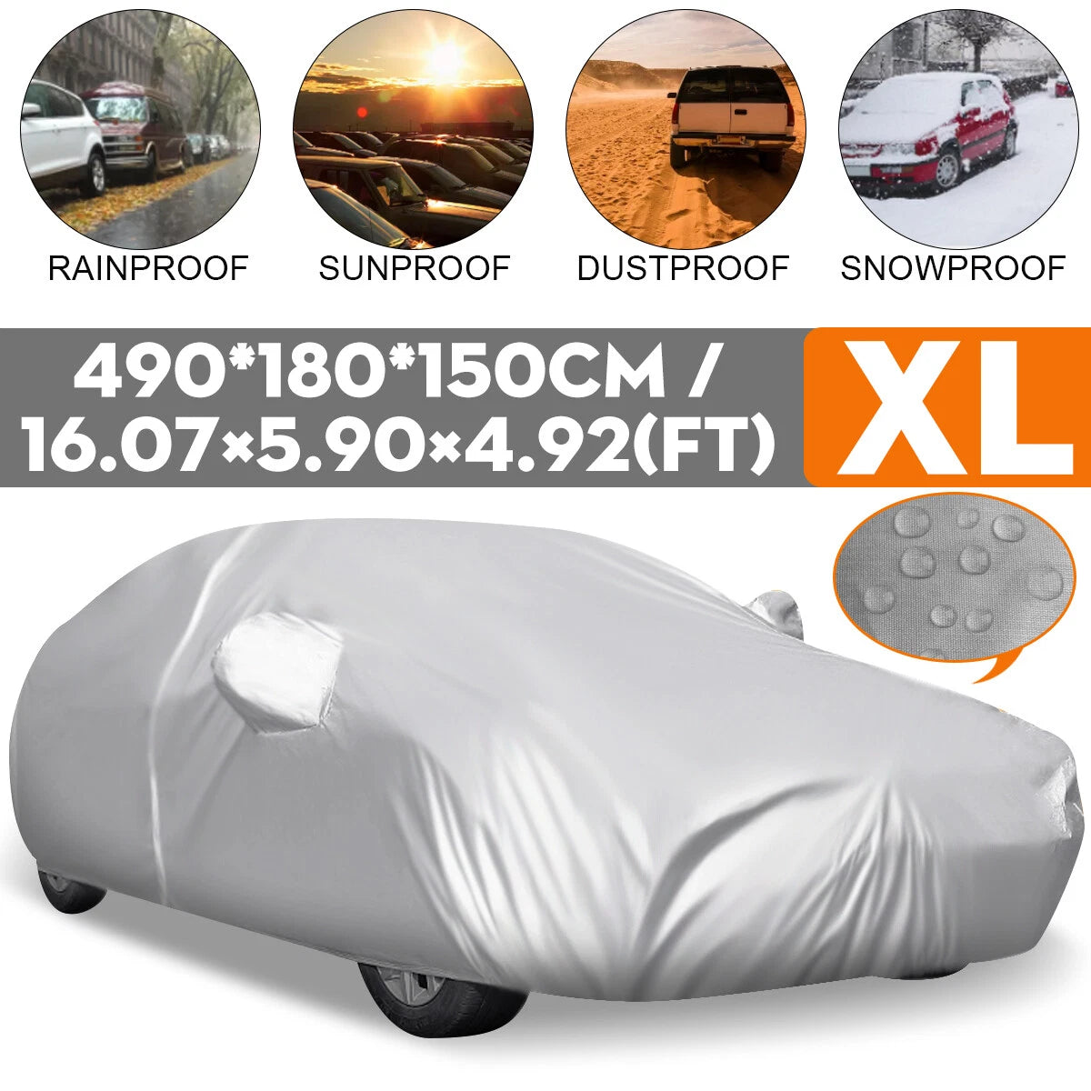Universal Silver Car Cover Waterproof All Weather Protection 193" x 71" x 59"
