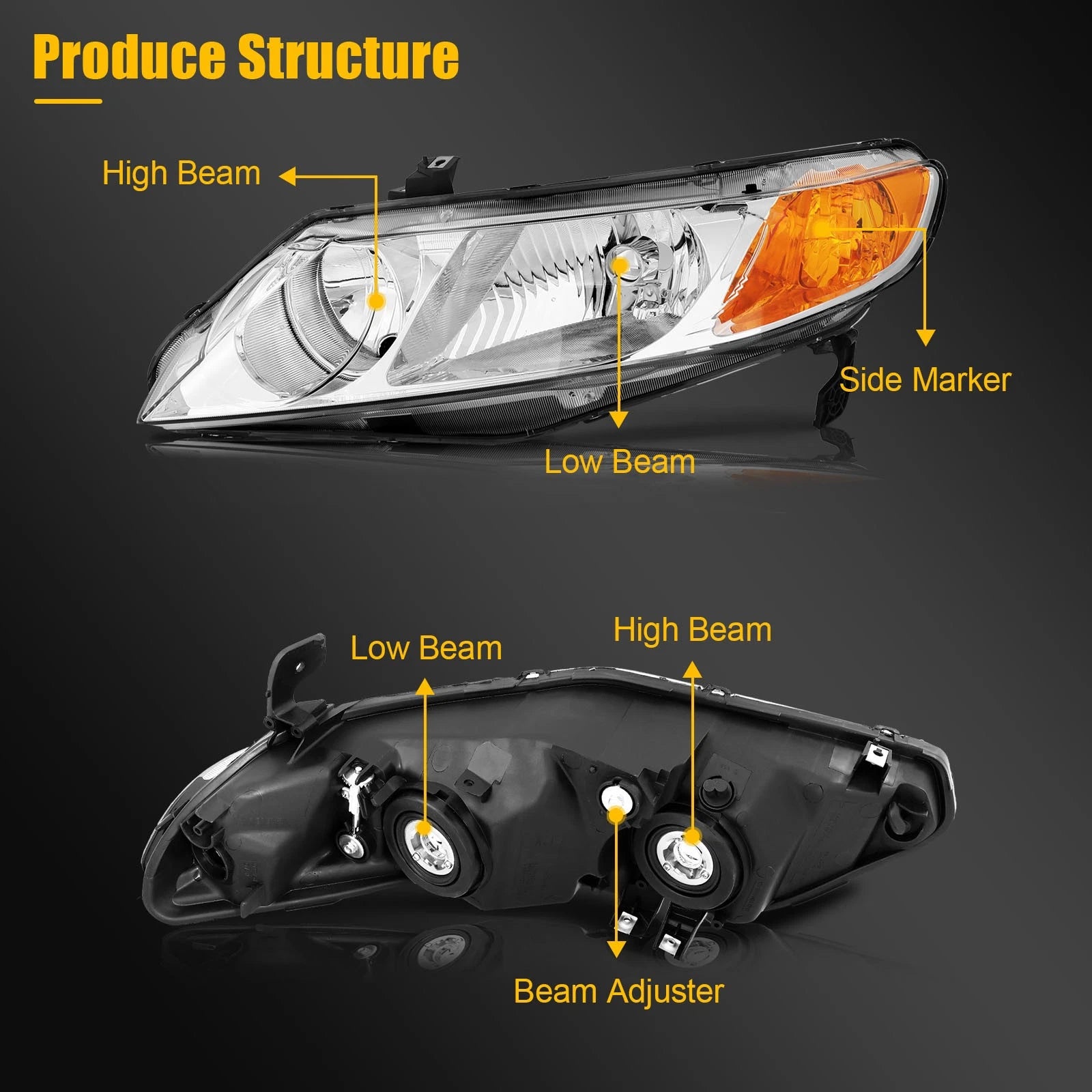Set of 2 Headlight Assemblies for Honda Civic 4Dr Sedan (2006–2011) Chrome