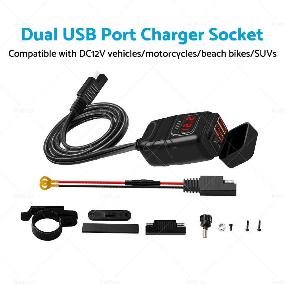 Dual USB Fast Charger Socket with Voltmeter for Motorcycle