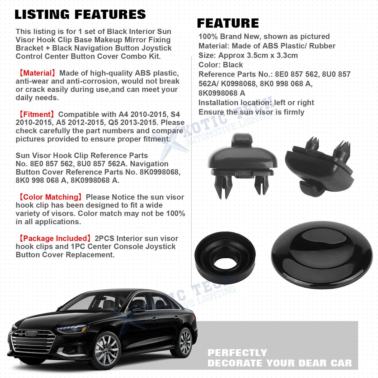 Sun Visor Hook Clip and Joystick Cover Set for Audi A4 S4 A5 Q5 (2017-2020)