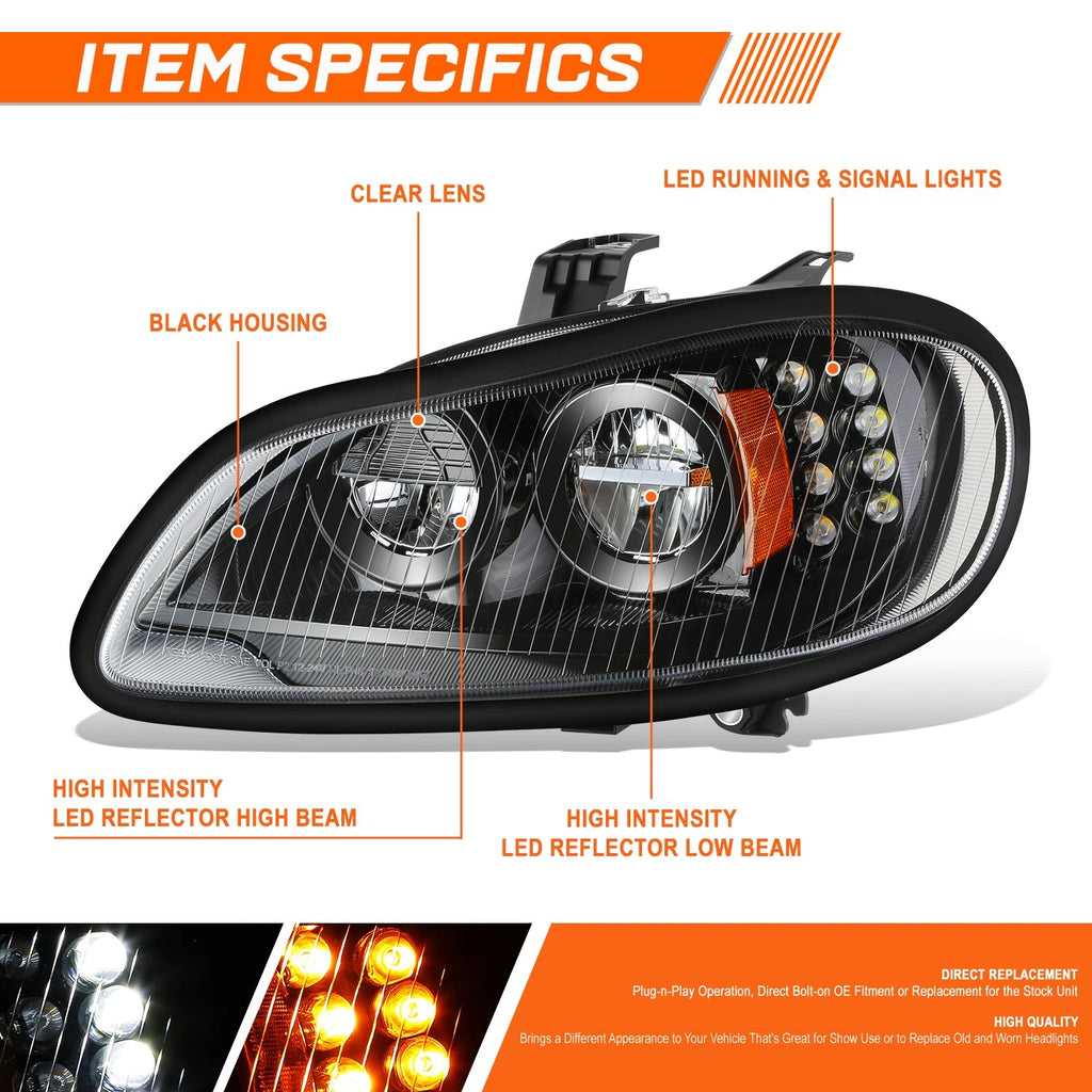 Full LED Black Housing Turn Signal Headlights for Freightliner M2 106 112 (2003–2018)