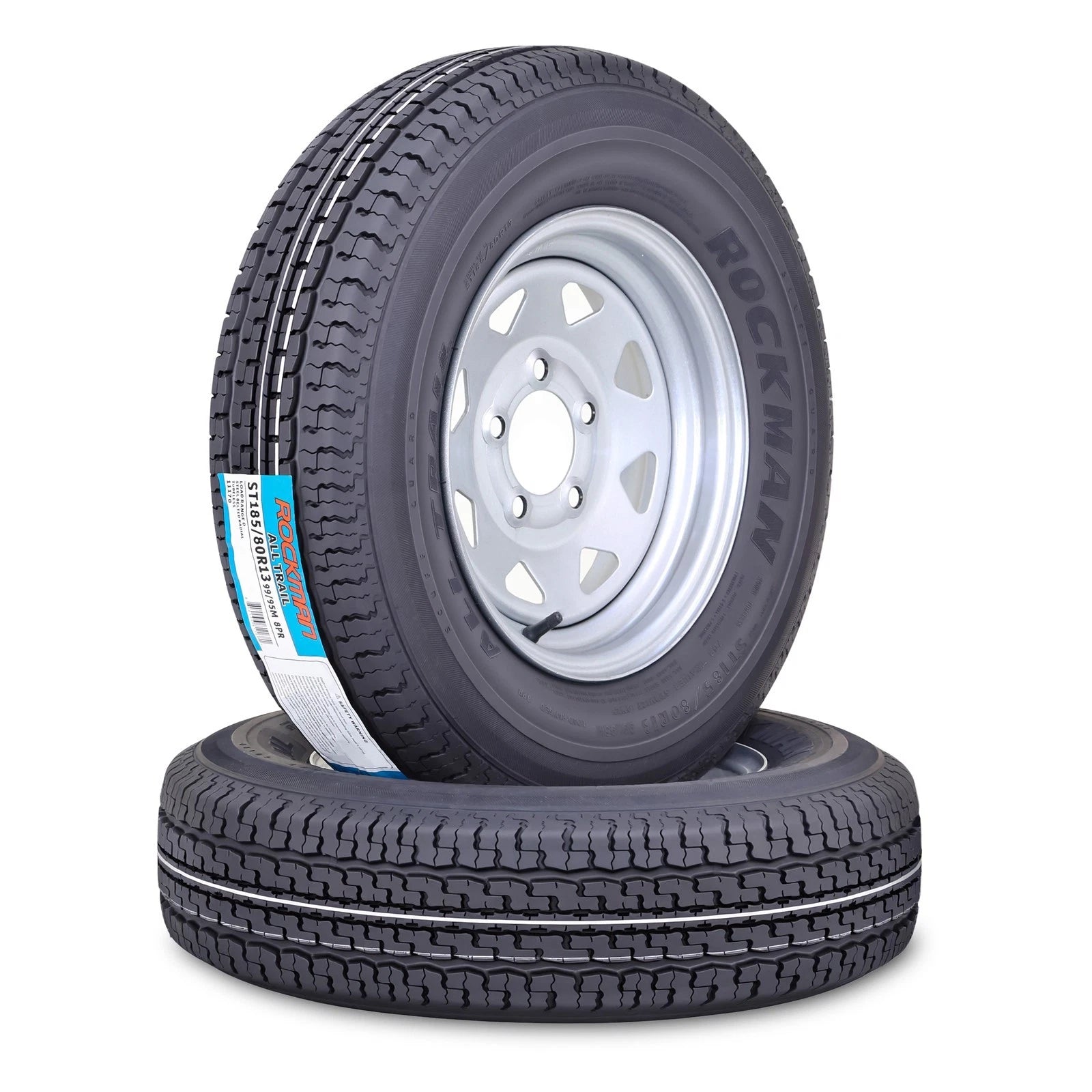 Set of 2 Trailer Tire Wheel ST185/80R13 8PR D 99M 5x4.5 Silver Spoke Rim