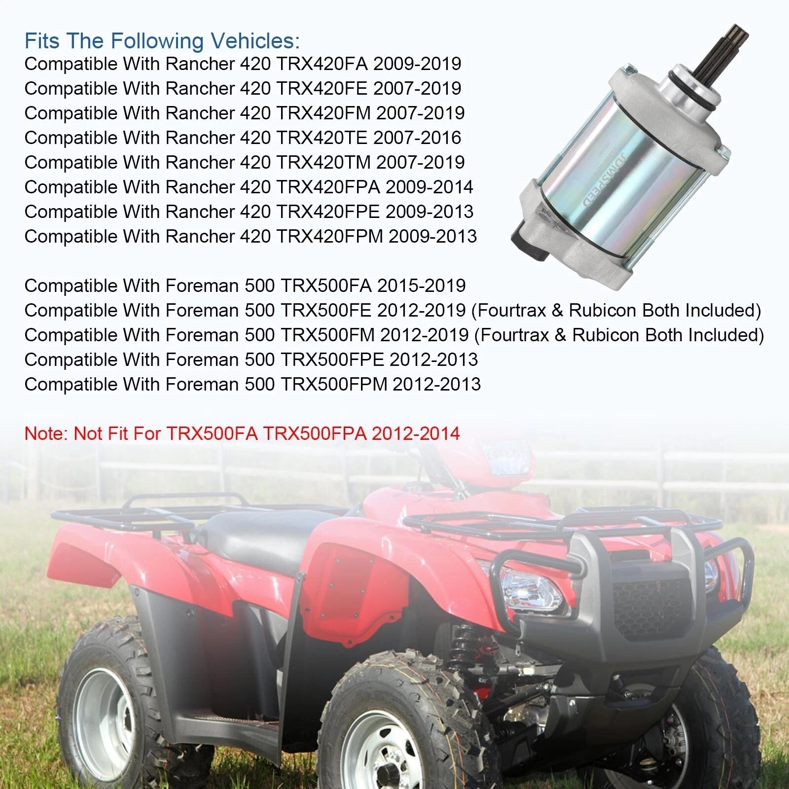 Starter Motor Assembly for Honda FourTrax Rancher 420 TRX420 Pioneer 500 (2014–2023)