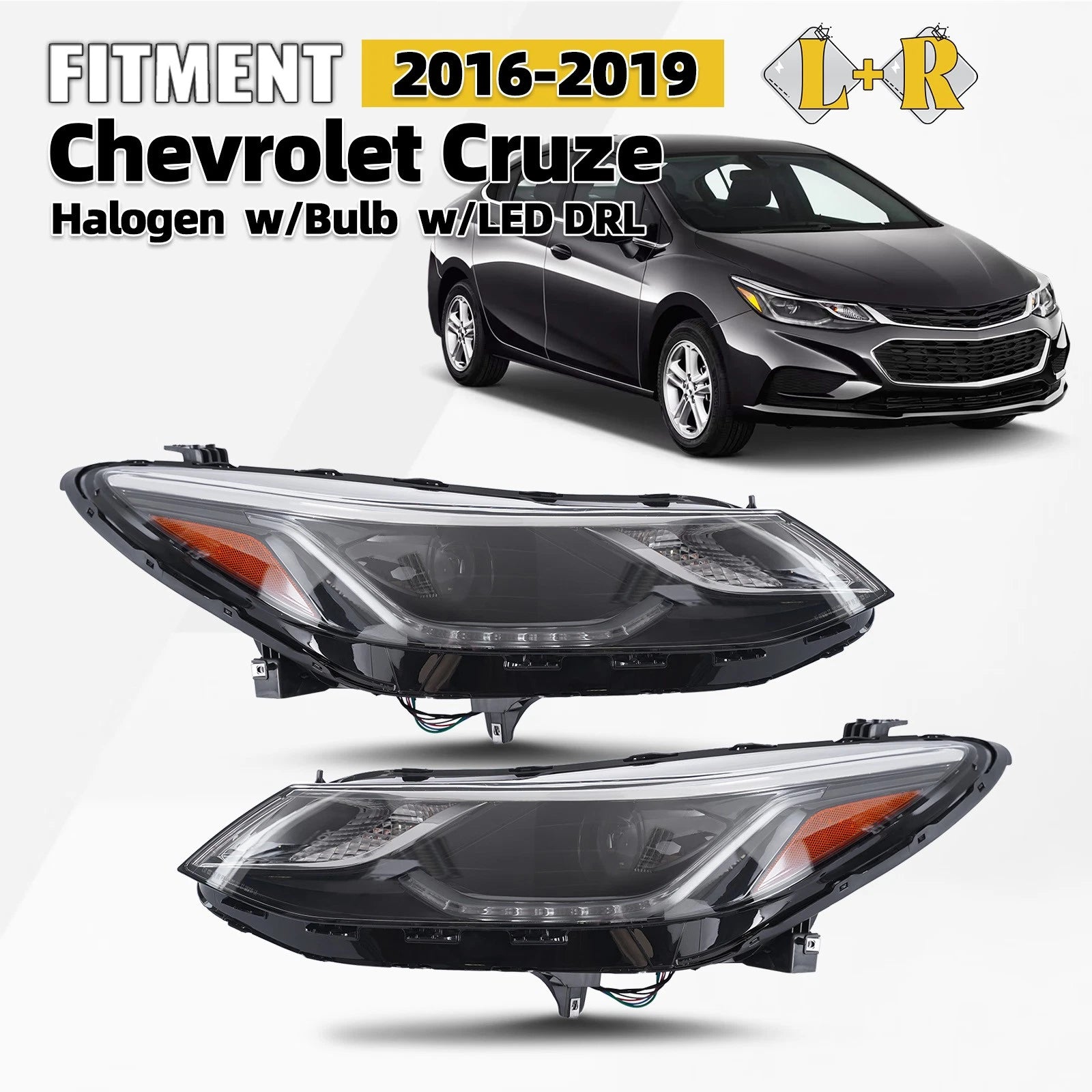 Halogen Headlights with LED DRL for Chevy Cruze (2016–2019) Left + Right
