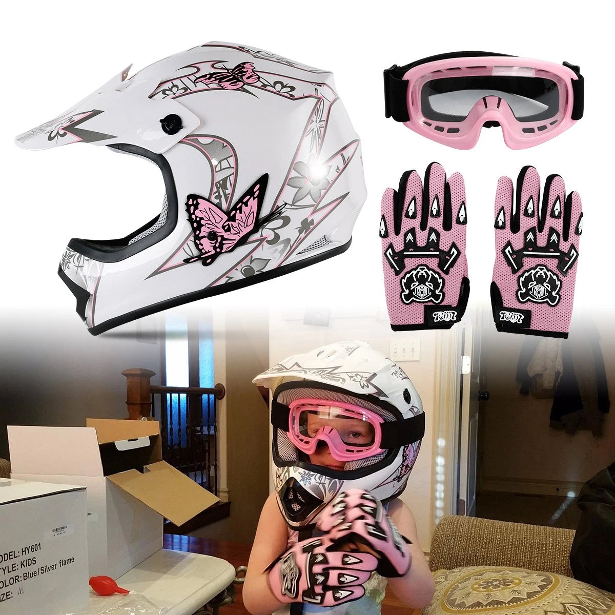 Youth Pink Butterfly Dirt Bike Helmet Goggles Gloves for ATV Motocross (2010–2023)