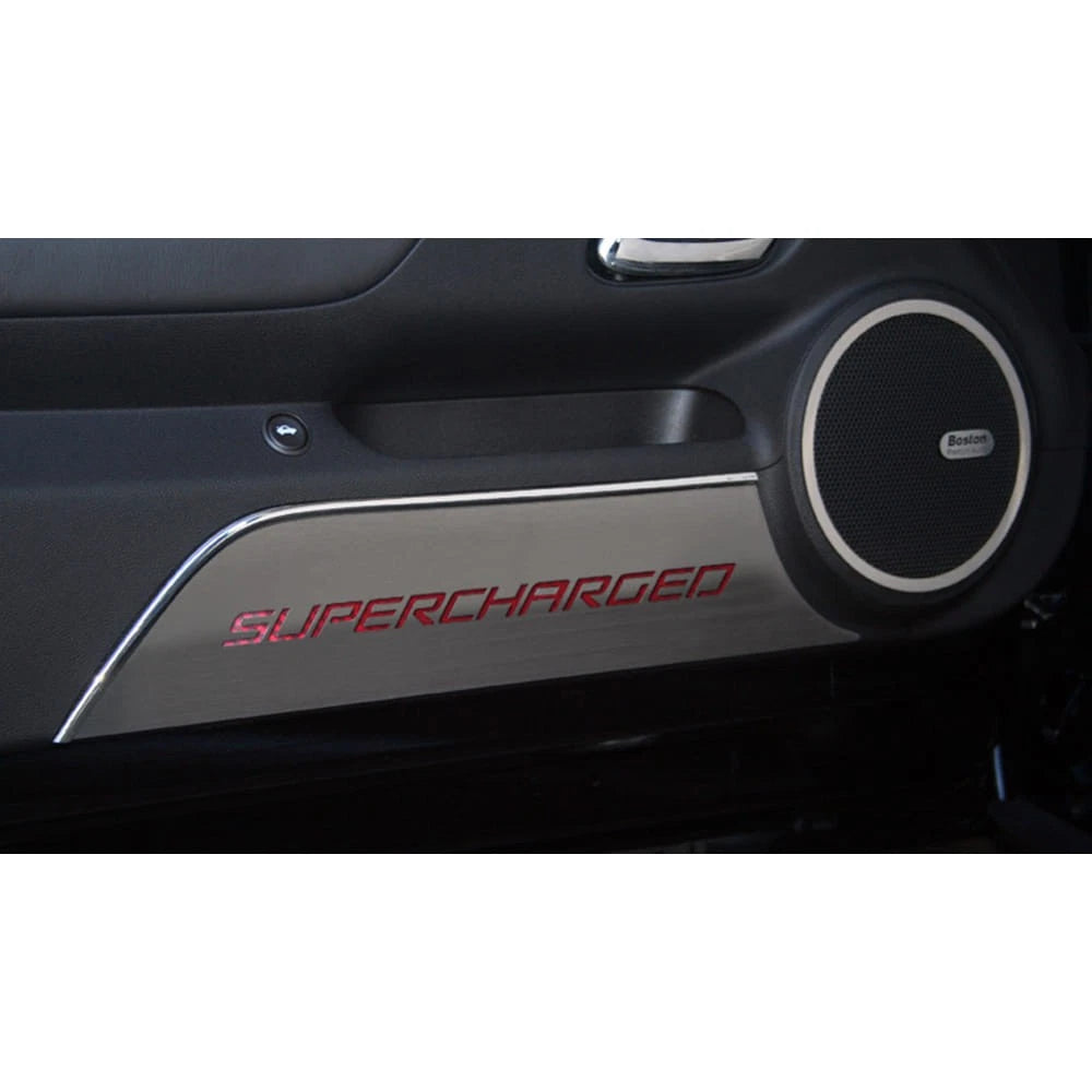 Door Panel Kick Plates w/Yellow Carbon Fiber Supercharged Inlay for 10-15 Camaro