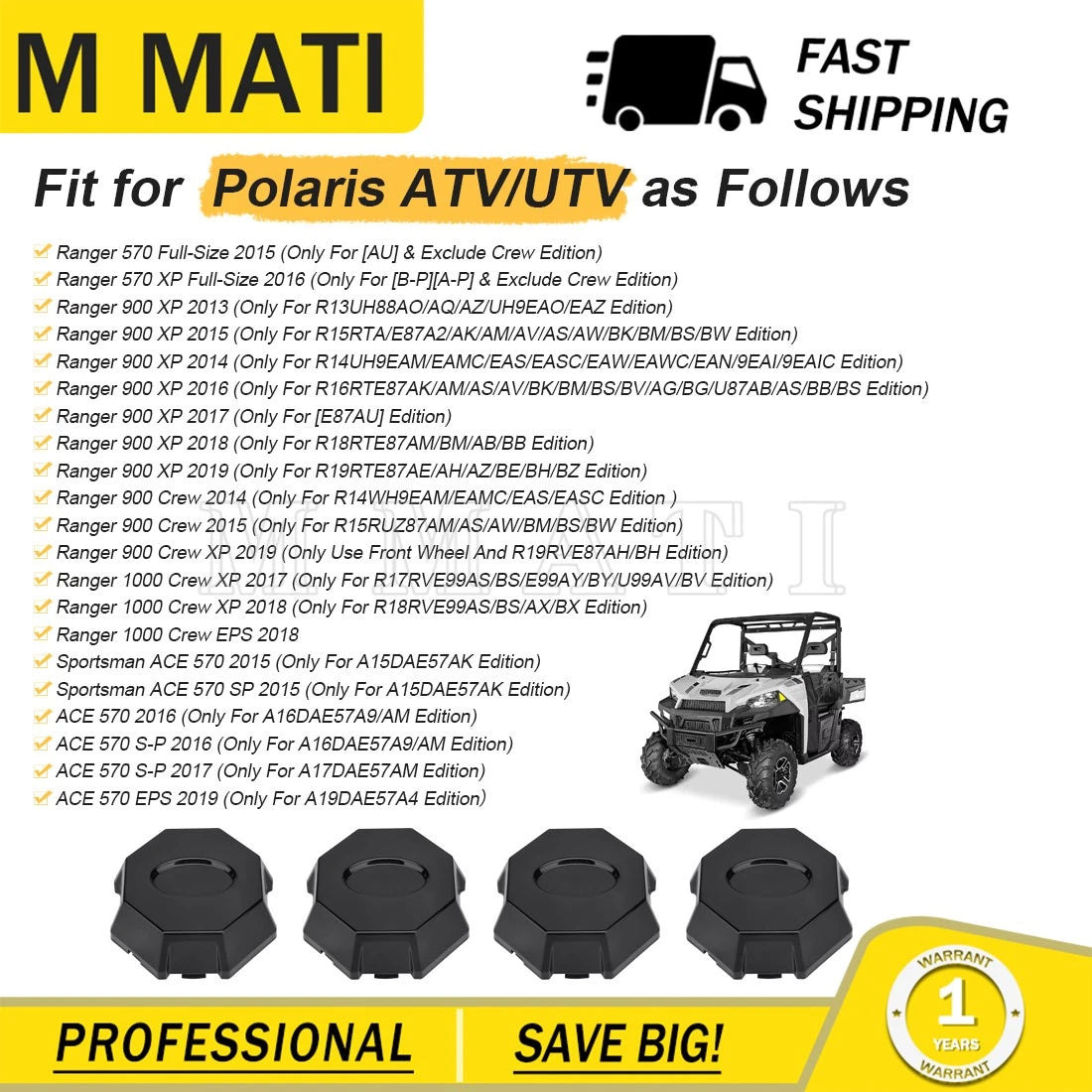 Set of 4 Wheel Center Rim Caps for Polaris ACE 570 (2016–2017, 2019)