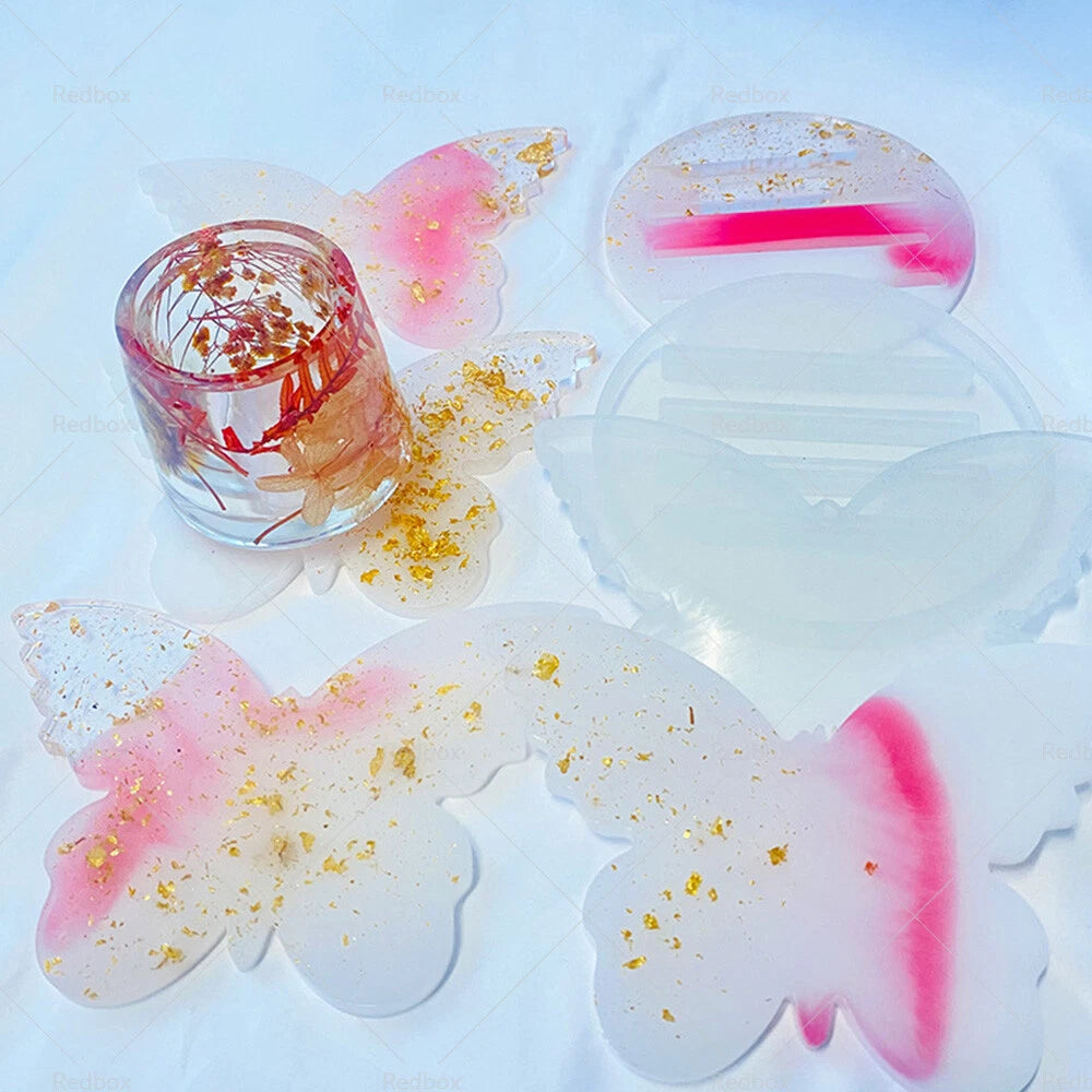 Set of 4 Epoxy Resin Butterfly Coaster Molds with Holder