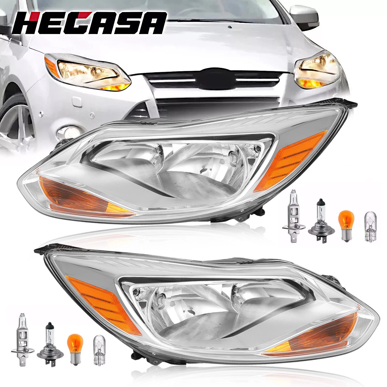 Set of 2 Clear Headlight Assembly for Ford Focus (2012–2014) L+R w/Bulb Halogen