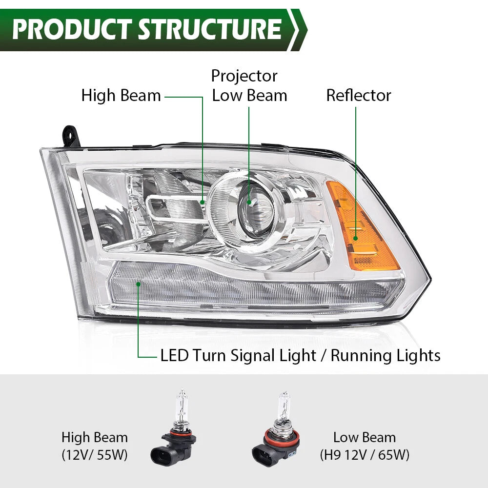 Chrome Projector Headlights with LED DRL for Dodge Ram 1500 2500 3500