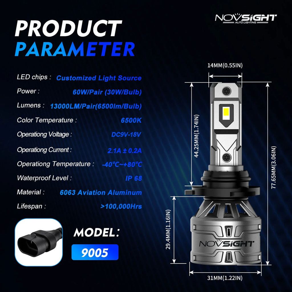 2X NOVSIGHT 9005 HB3 LED Headlight Bulbs 6500K for High/Low Beam
