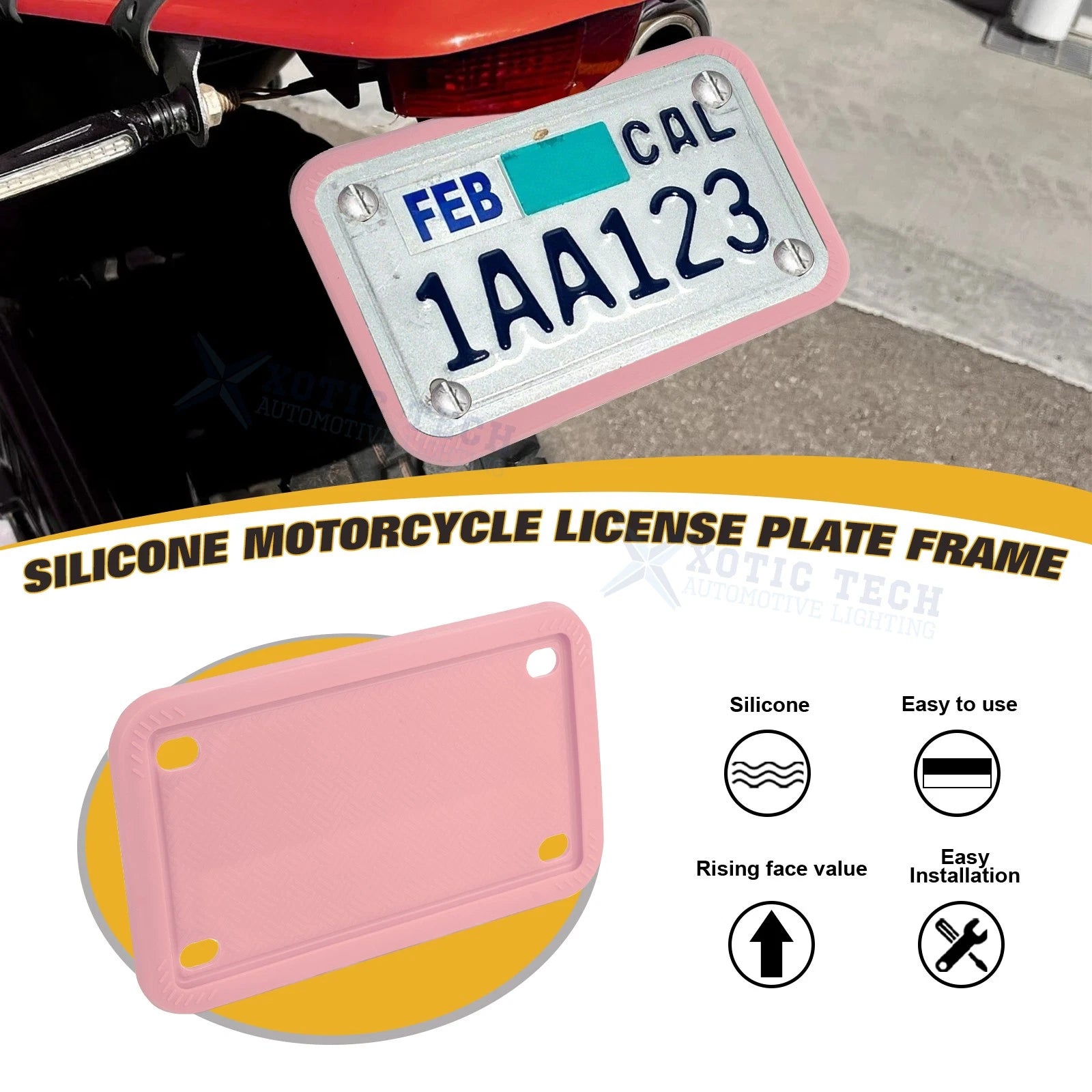 Pink Motorcycle Silicone License Plate Frame for Universal Fit (-)