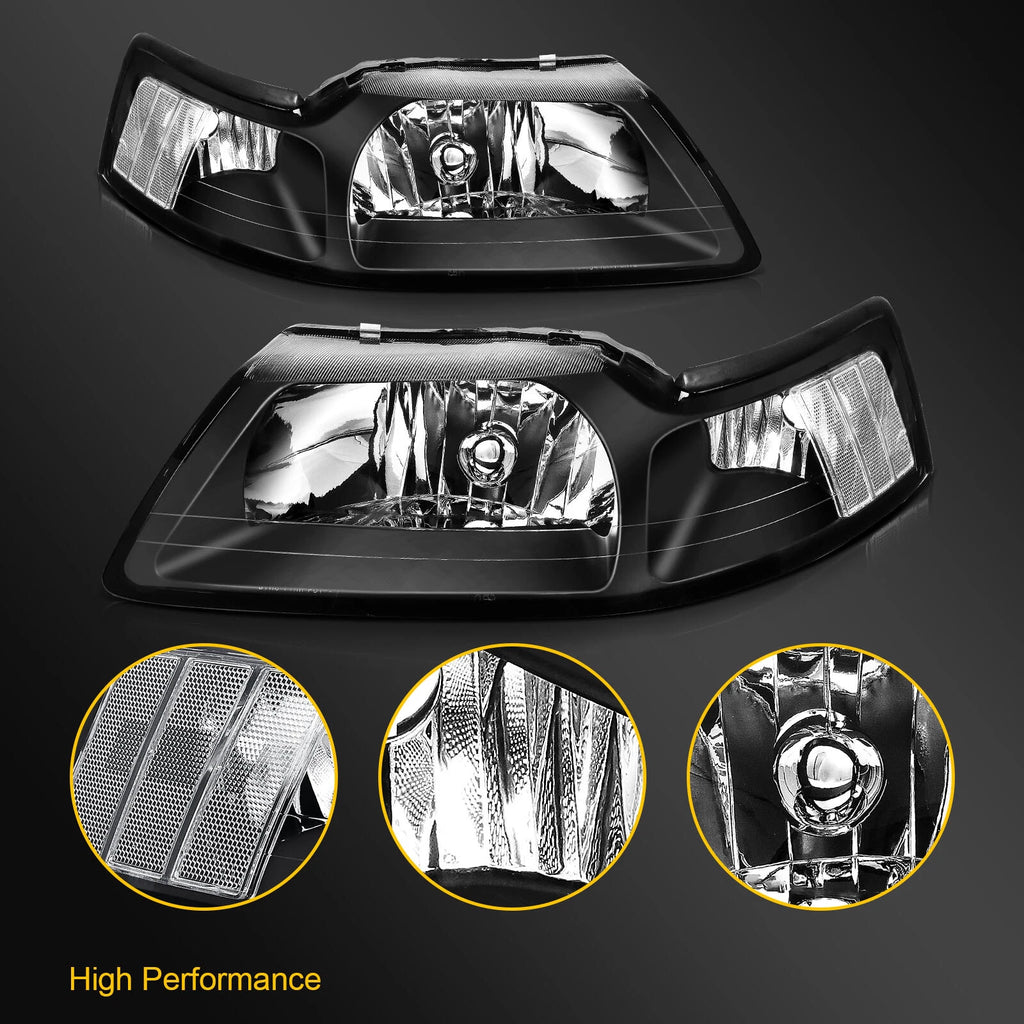 2X Headlights for Ford Mustang (1999–2004) Black Housing Clear Corner