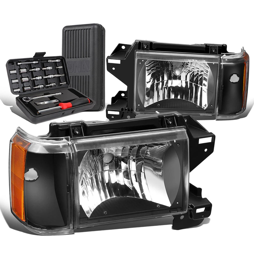 Set of 2 Black/Amber Signal Headlights for Ford F150 F250 F350 Bronco (1987–1991)