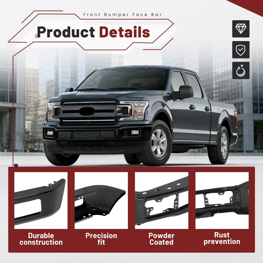 Steel Front Bumper Face Bar for Ford F-150 (2018–2020) - Black, Fog Holes