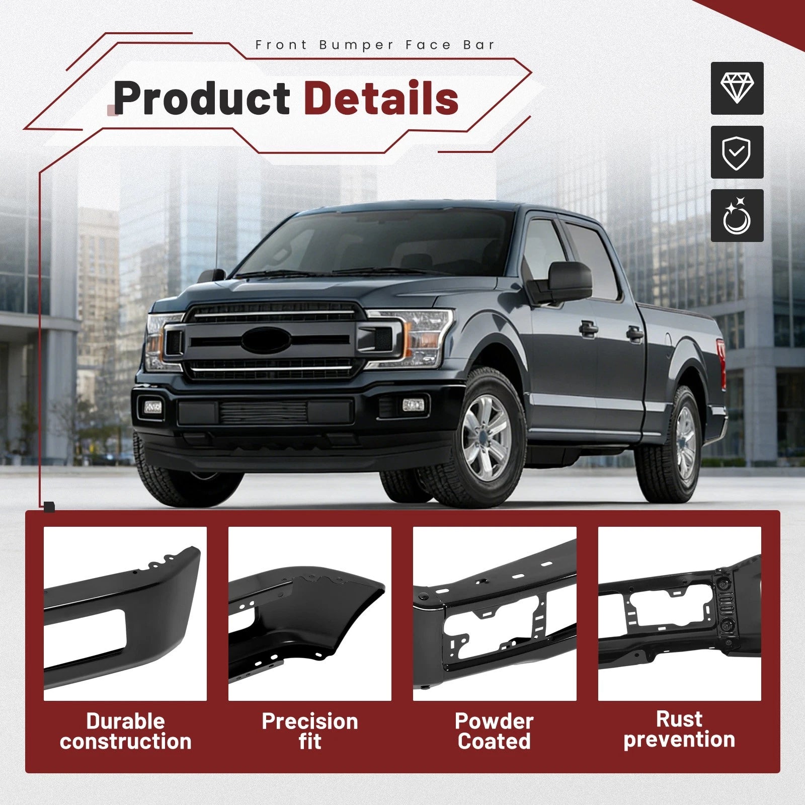 Steel Front Bumper Face Bar for Ford F-150 (2018–2020) - Black, Fog Holes