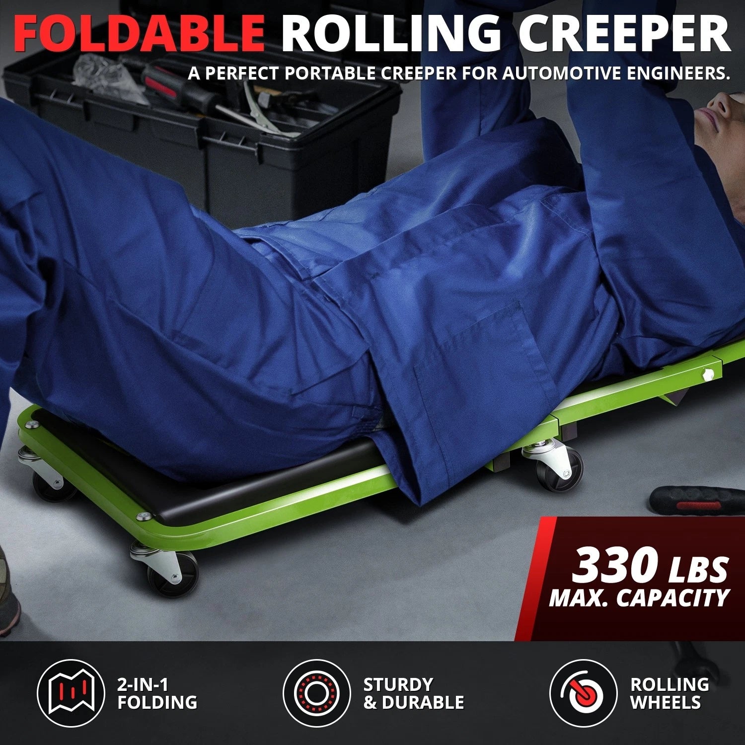 2-in-1 Rolling Creeper for Automotive Use (36"x 4.7"x 17.3", 330lbs Capacity)