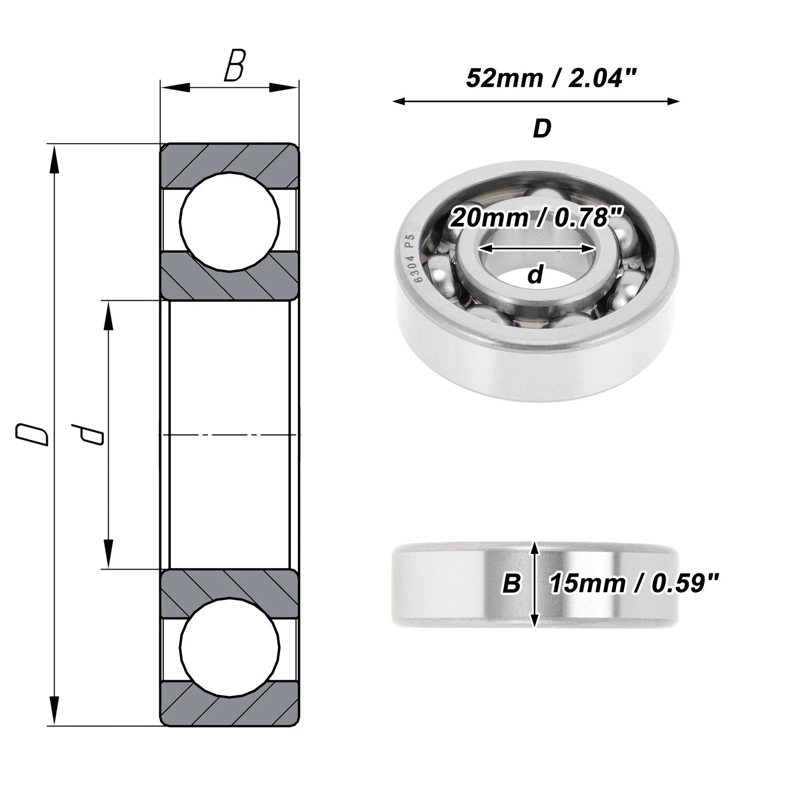 6304 Deep Groove Ball Bearing for Scooter Skateboard Wheel (20x52x15mm)
