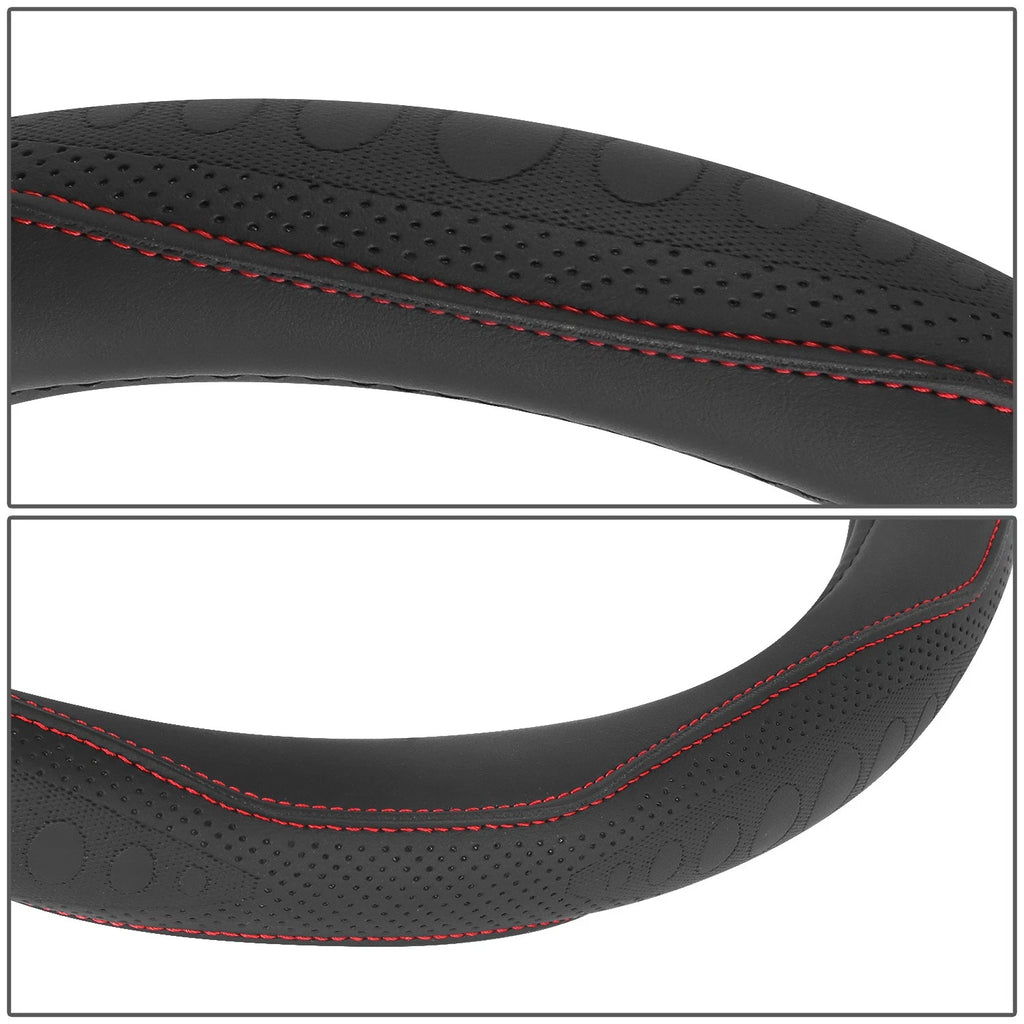 Red Perforated Leather Steering Wheel Cover for Universal 14.5"-15"