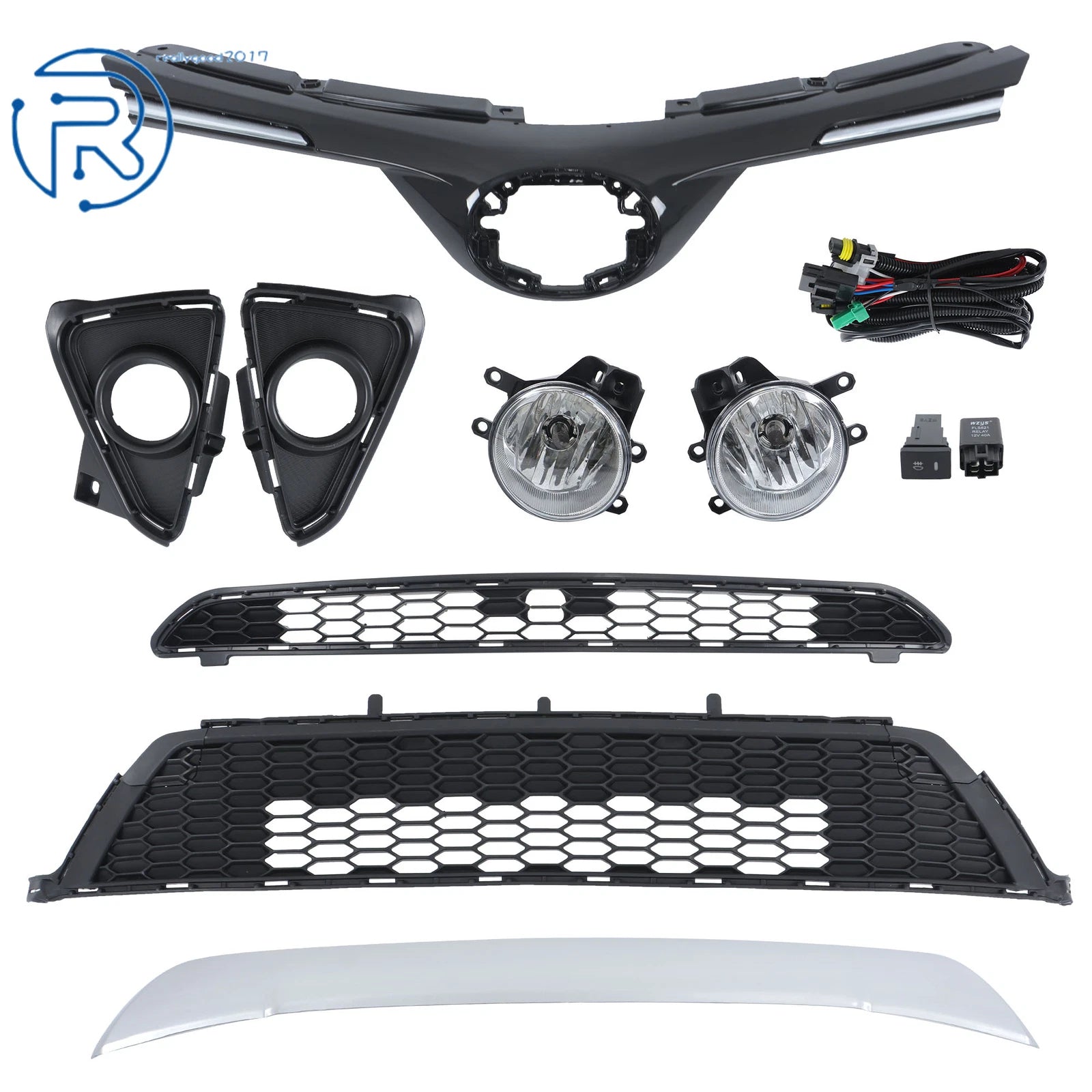 Front Grille Kit with Fog Lights for Toyota RAV4 (2016-2018) Black/Silver