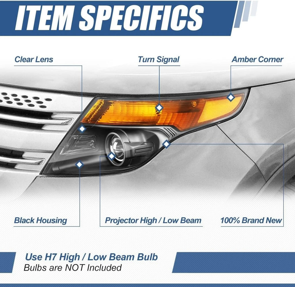 Set of 2 Halogen Chrome Housing Projector Headlights for Ford Explorer (2011–2015)