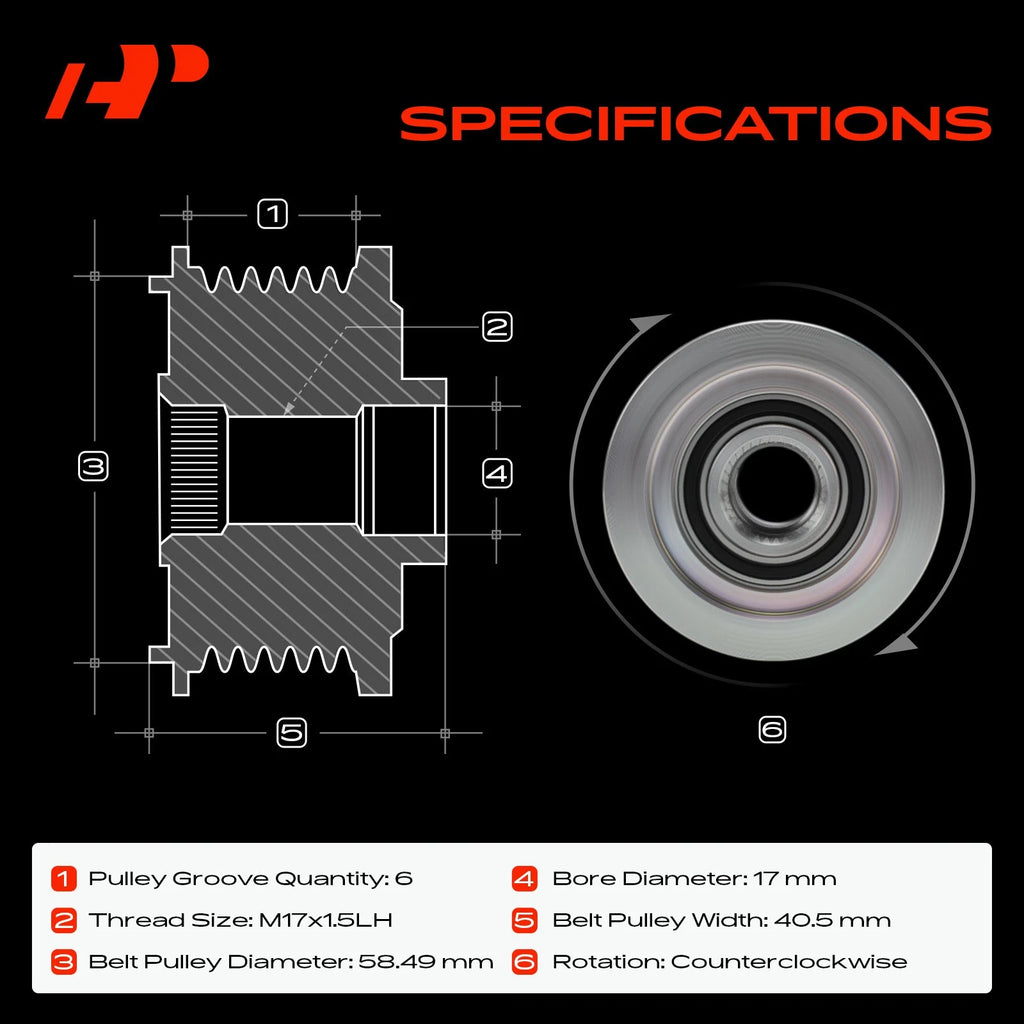Alternator Clutch Pulley for Ford Edge (2012–2014) 2.0L 6 Grooves CCW