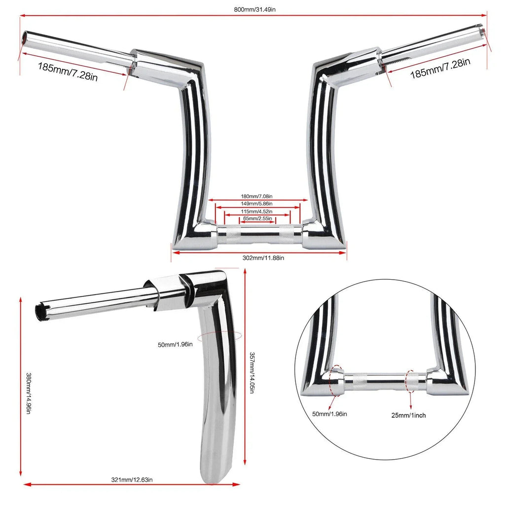14" Chrome Rise 2" Ape Hanger Handlebar for Harley Sportster, Yamaha Vstar
