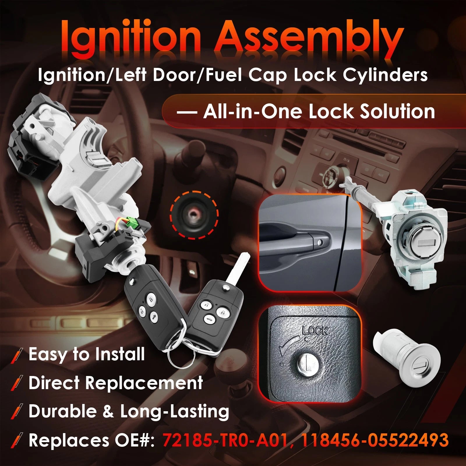 Ignition Switch Lock Cylinder with Remote Keys for Honda Civic (2012-2014)