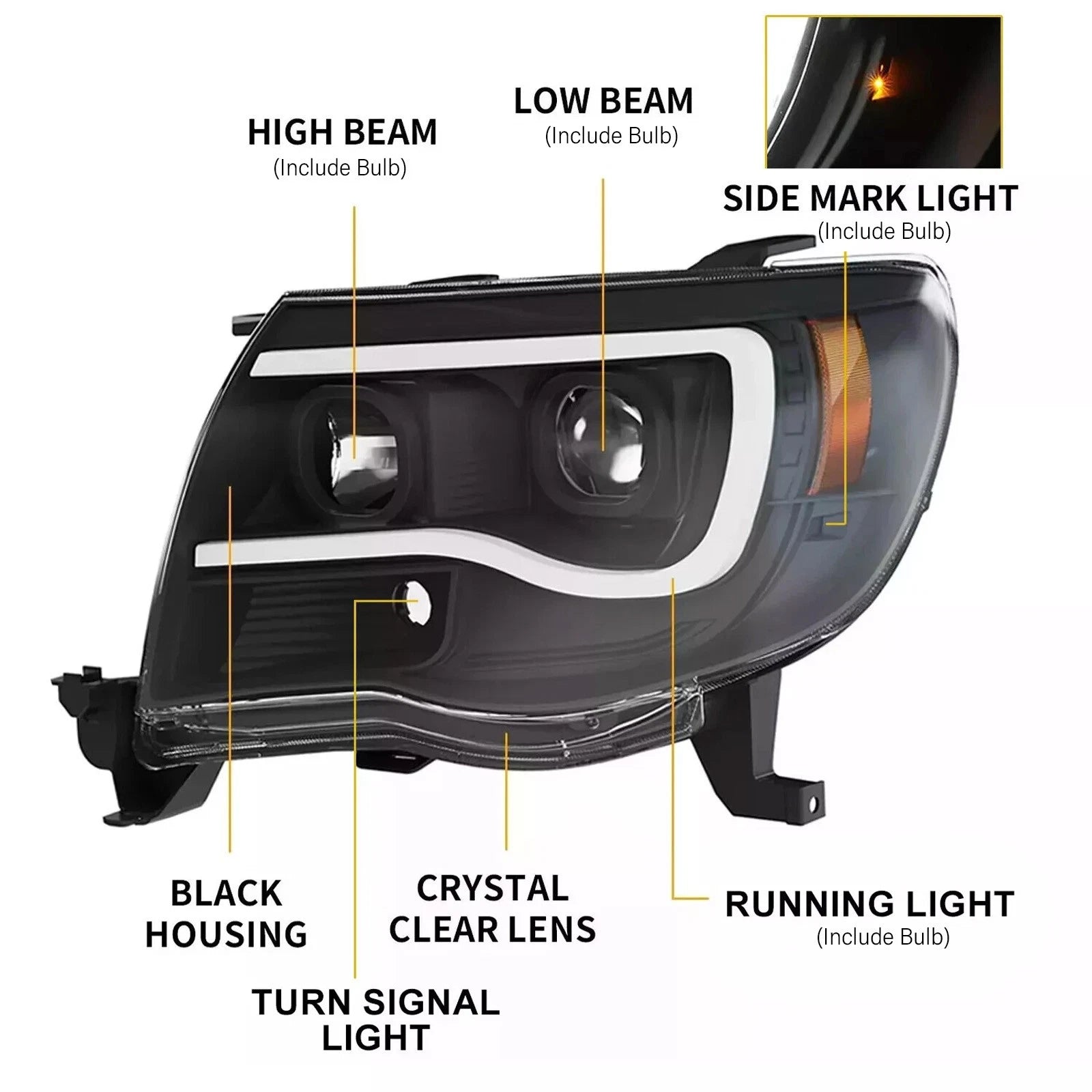 LED Tube Black Projector Headlights for Toyota Tacoma (2005–2011)