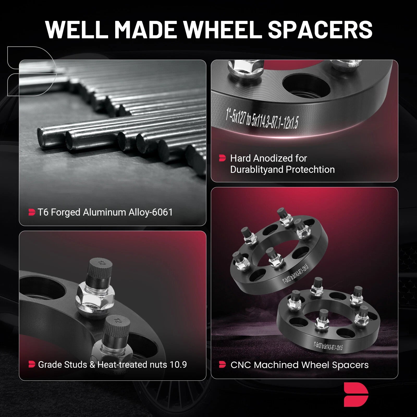 4PCS 1" Wheel Adapters for 5x127 to 5x114.3 (12x1.5) 25mm Thick 5x5 to 5x4.5