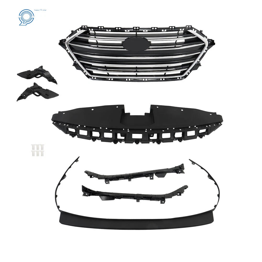 Front Chrome Grille, Radiator Cover, Bumper Lid & 4 Brackets for Elantra (2017–2018)