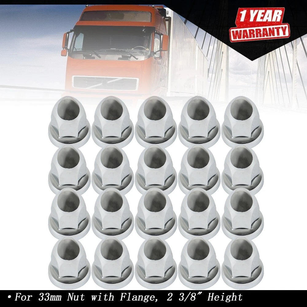 Set of 20 Chrome Lug Nut Covers for Semi Truck (33 mm)