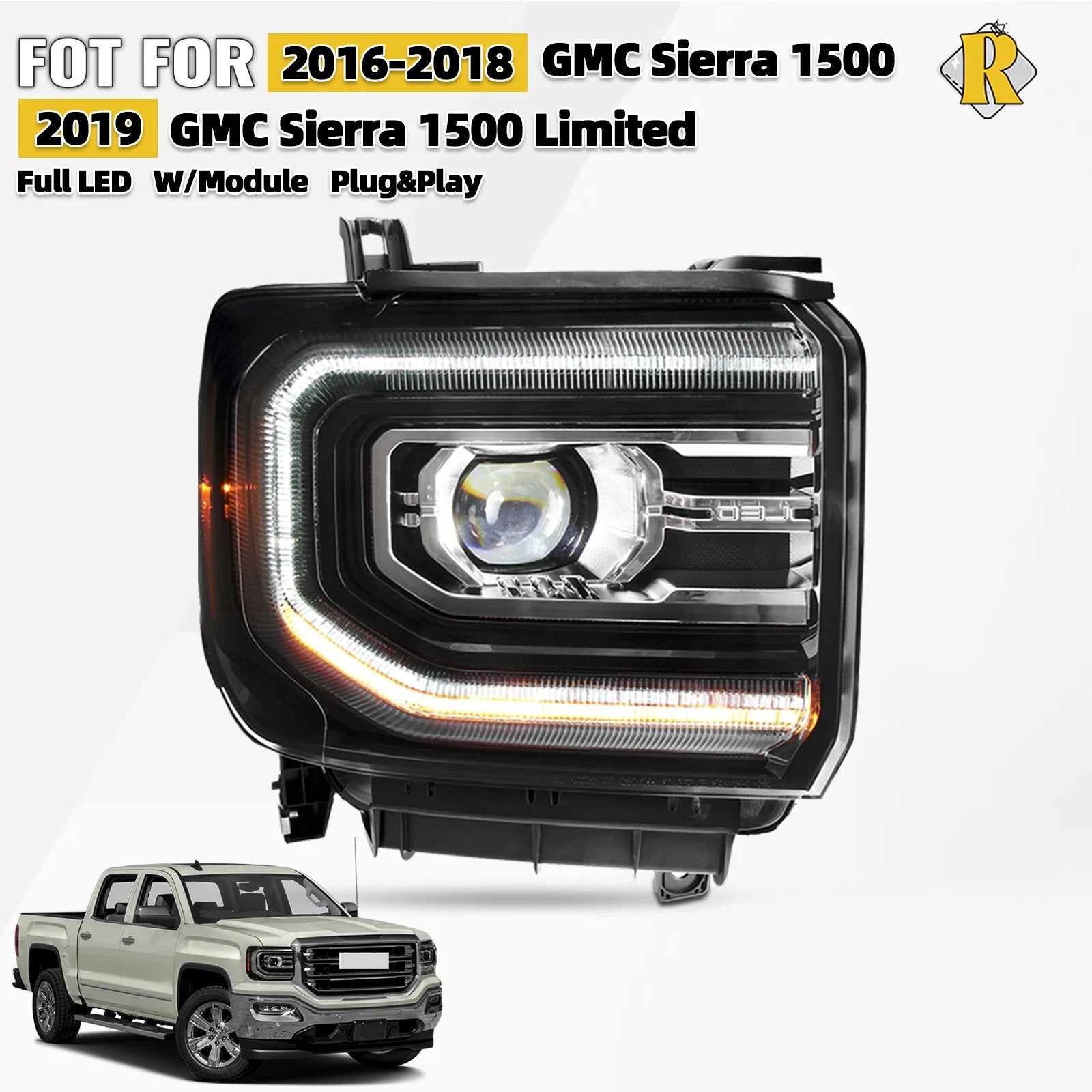 Full LED Headlight for GMC Sierra 1500 (2016–2019 Limited) Right Passenger