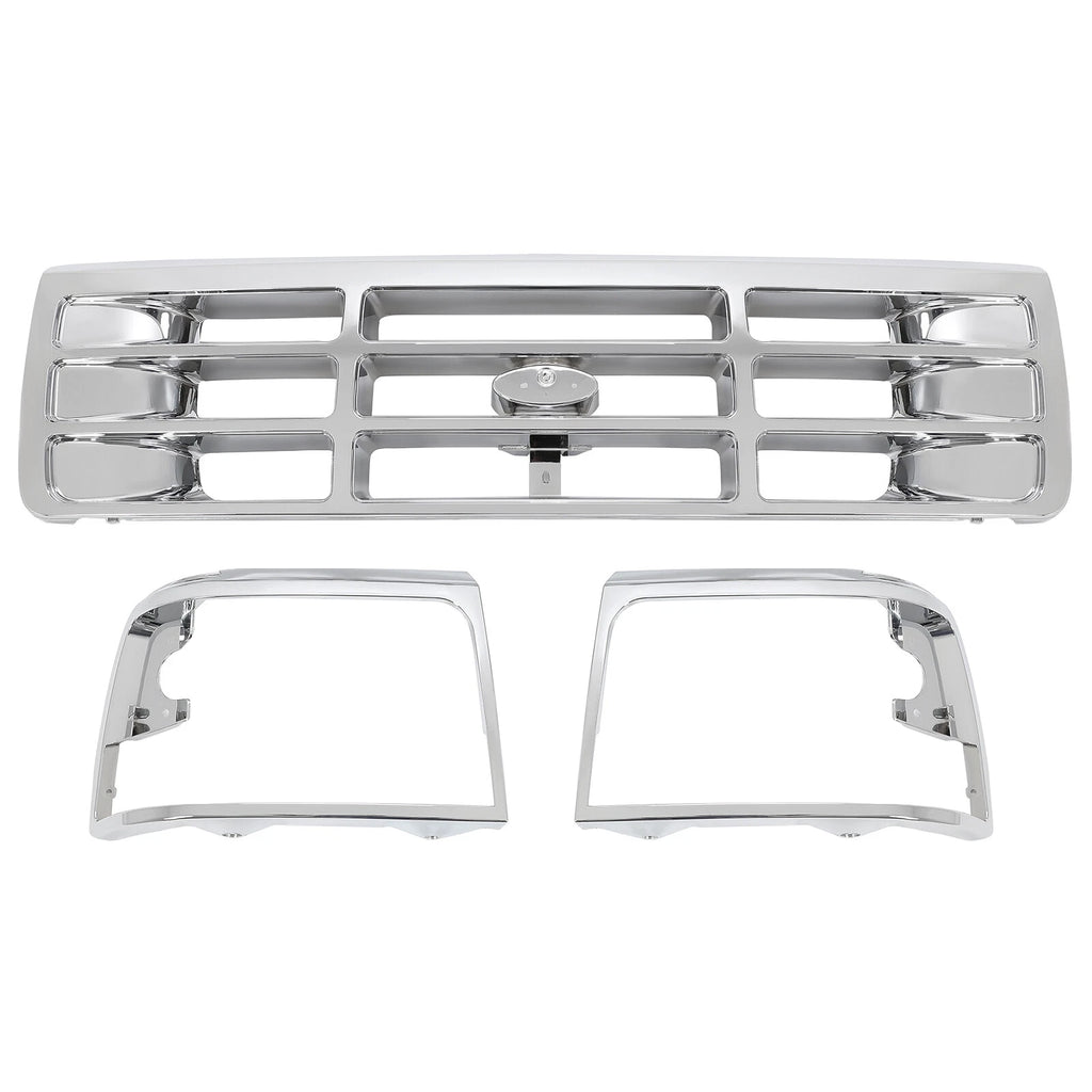 Chrome Mesh Grille Headlight Bezels for Ford F150 F250 F350 Bronco (1992–1997)