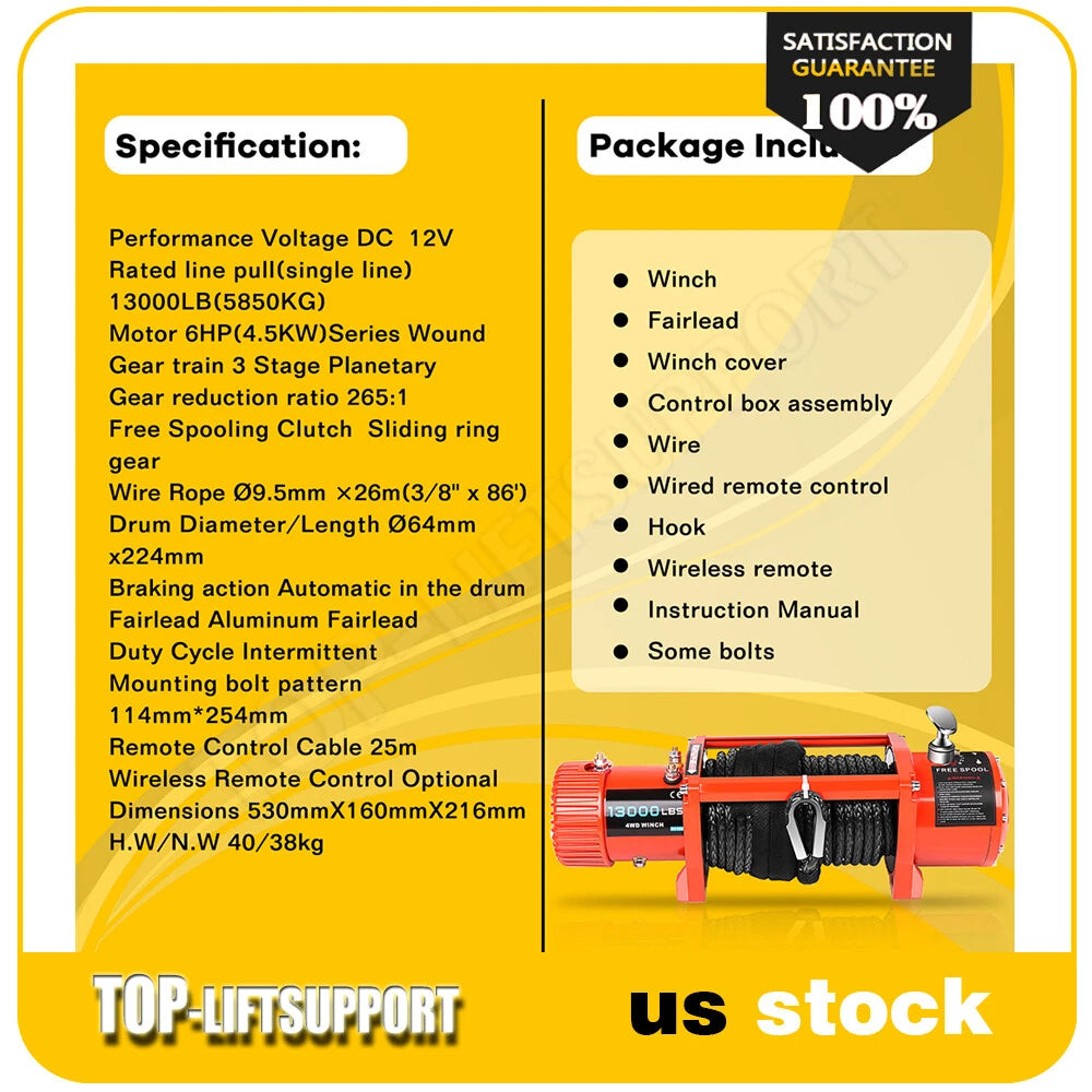 13000LBS Electric Winch for Truck Trailer - Waterproof Synthetic Rope