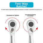 1/4 Inch Drive Mini Ratchet Wrench - Chrome Vanadium Steel, 72 Tooth