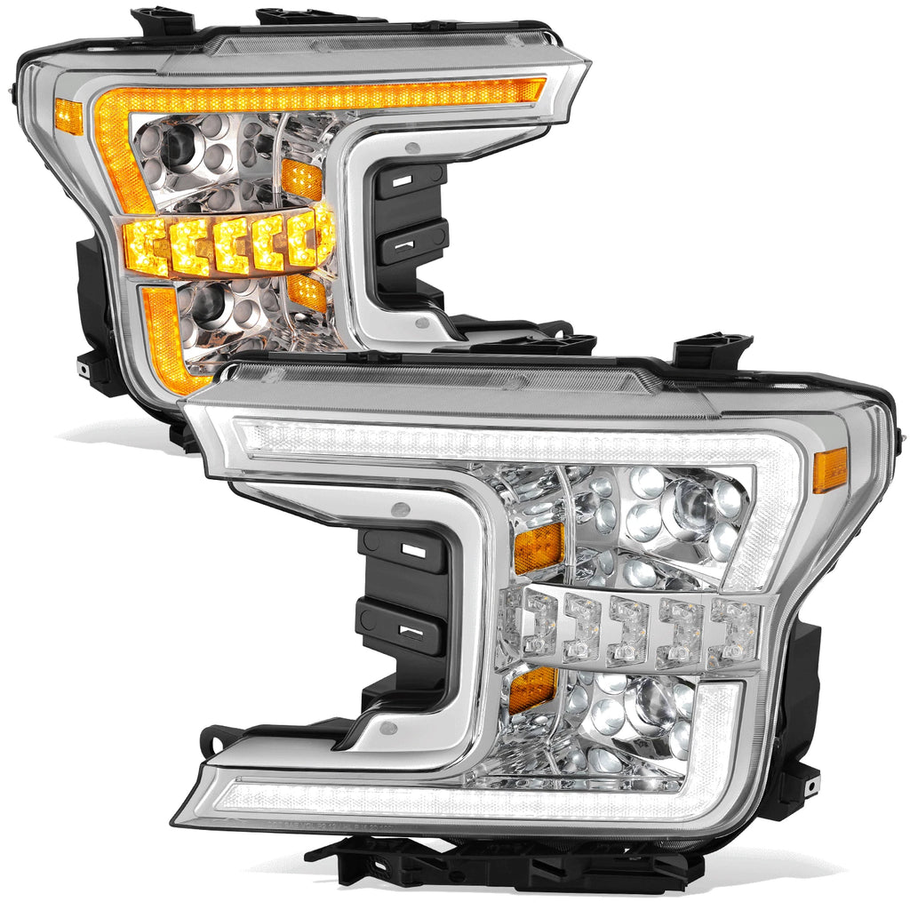 Chrome Amber LED Light Bar Switchback Projector Headlights for Ford F-150 (2018–2020)