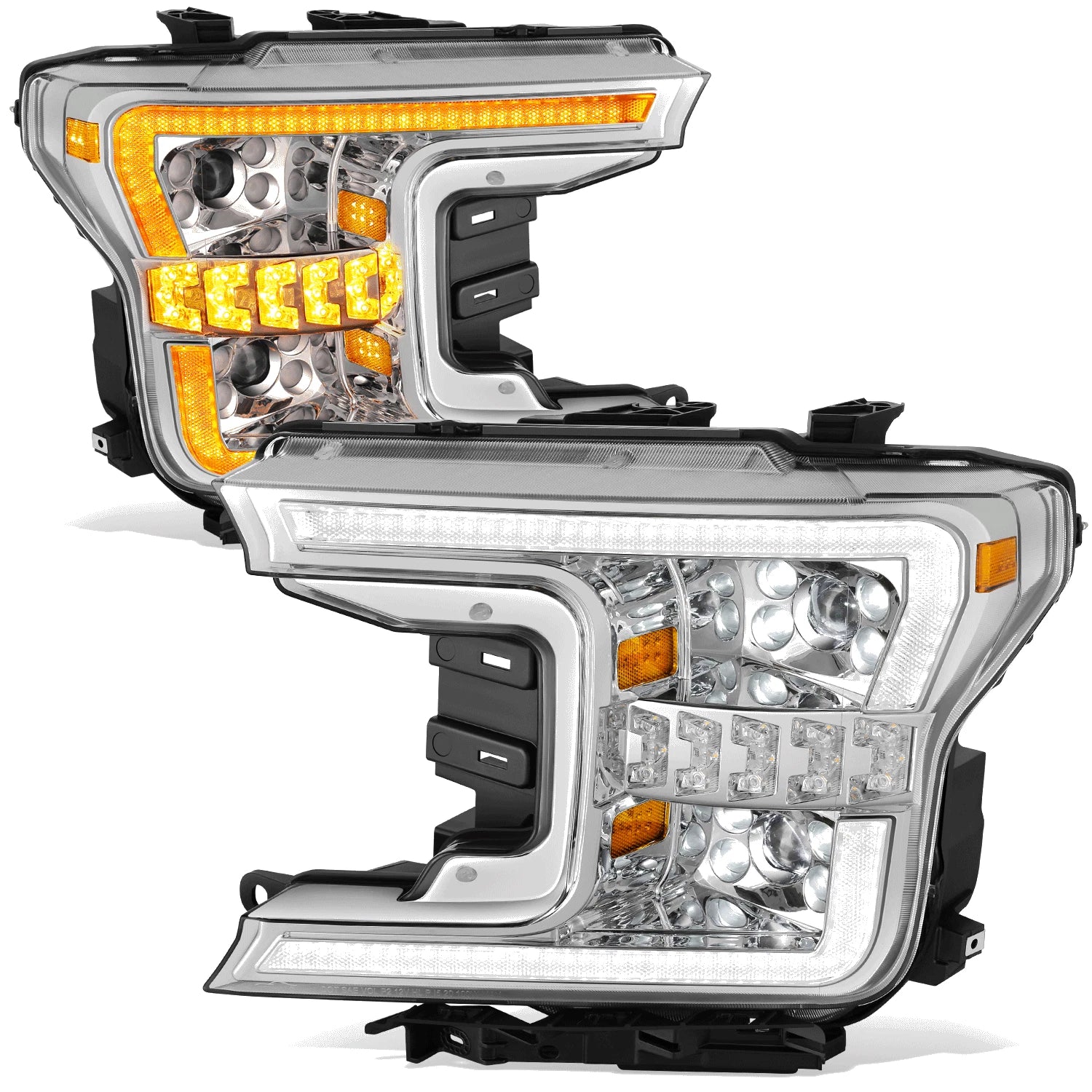 Chrome Amber LED Light Bar Switchback Projector Headlights for Ford F-150 (2018–2020)