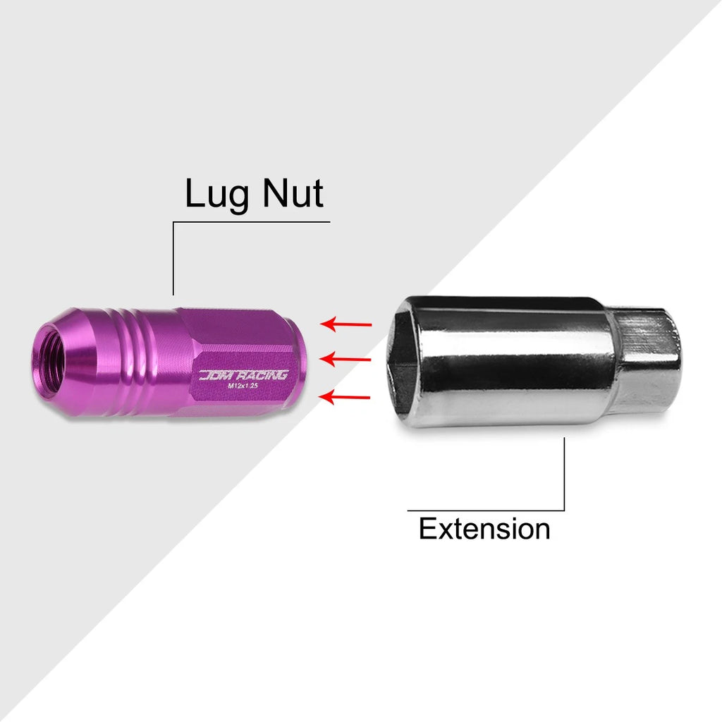 Set of 20 M12X1.25 Purple JDM Closed End Cone Hex Wheel Lug Nuts + Extension 20mmx50mm