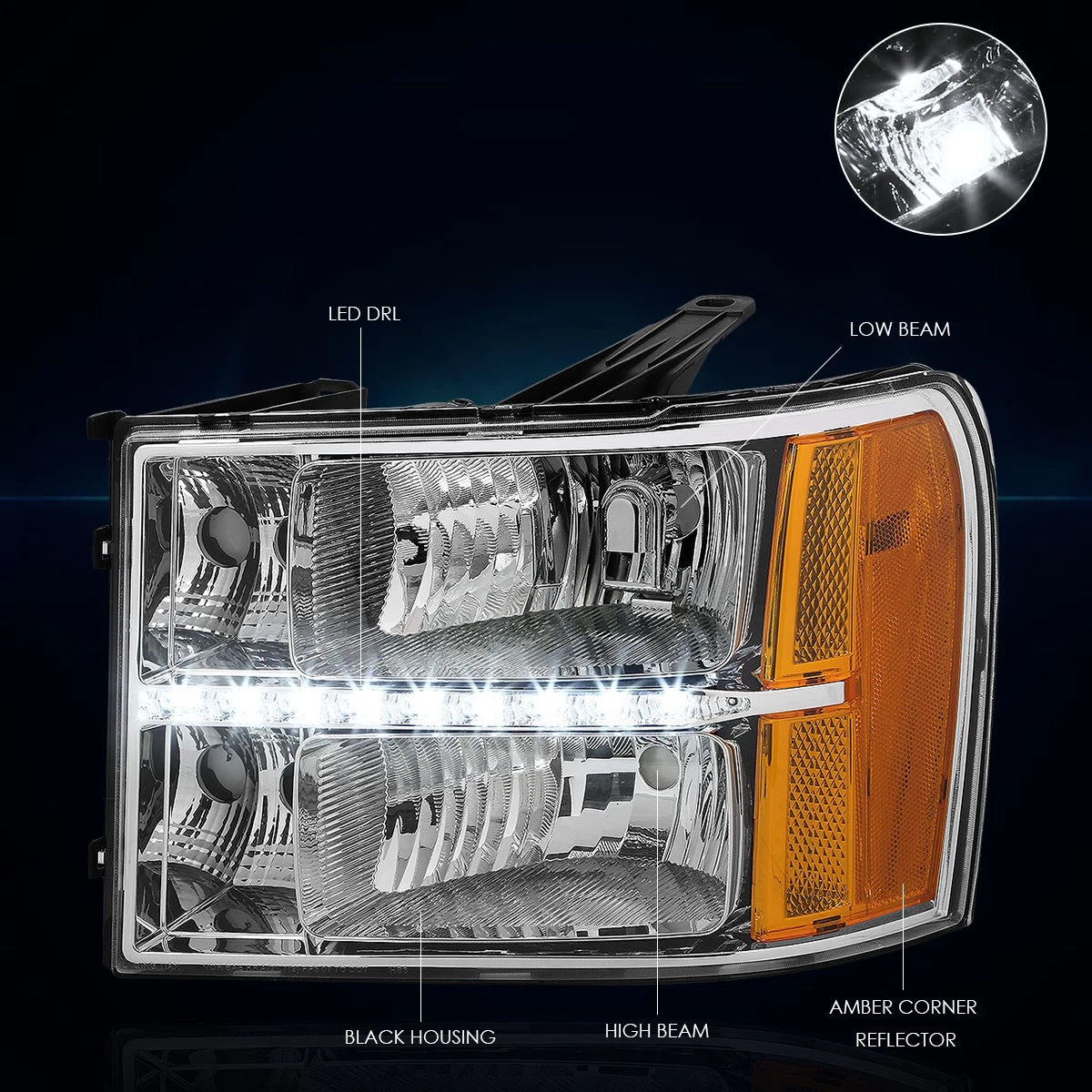 Set of 2 LED DRL Chrome Housing Amber Side Corner Headlights for GMC Sierra (2007–2014)