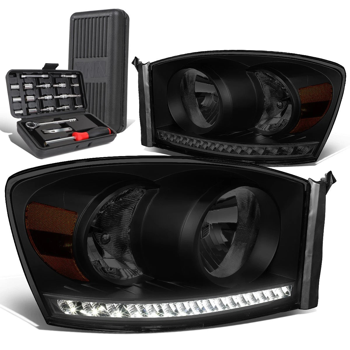 LED DRL Tinted Housing Amber Side Headlights for Ram Truck (2006–2009)