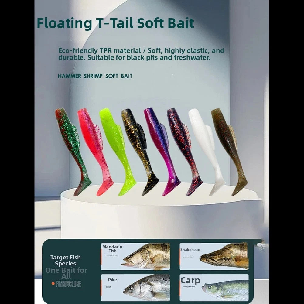 6pc Soft Lure T-Tail Design TPR with Glitter Flakes for Freshwater