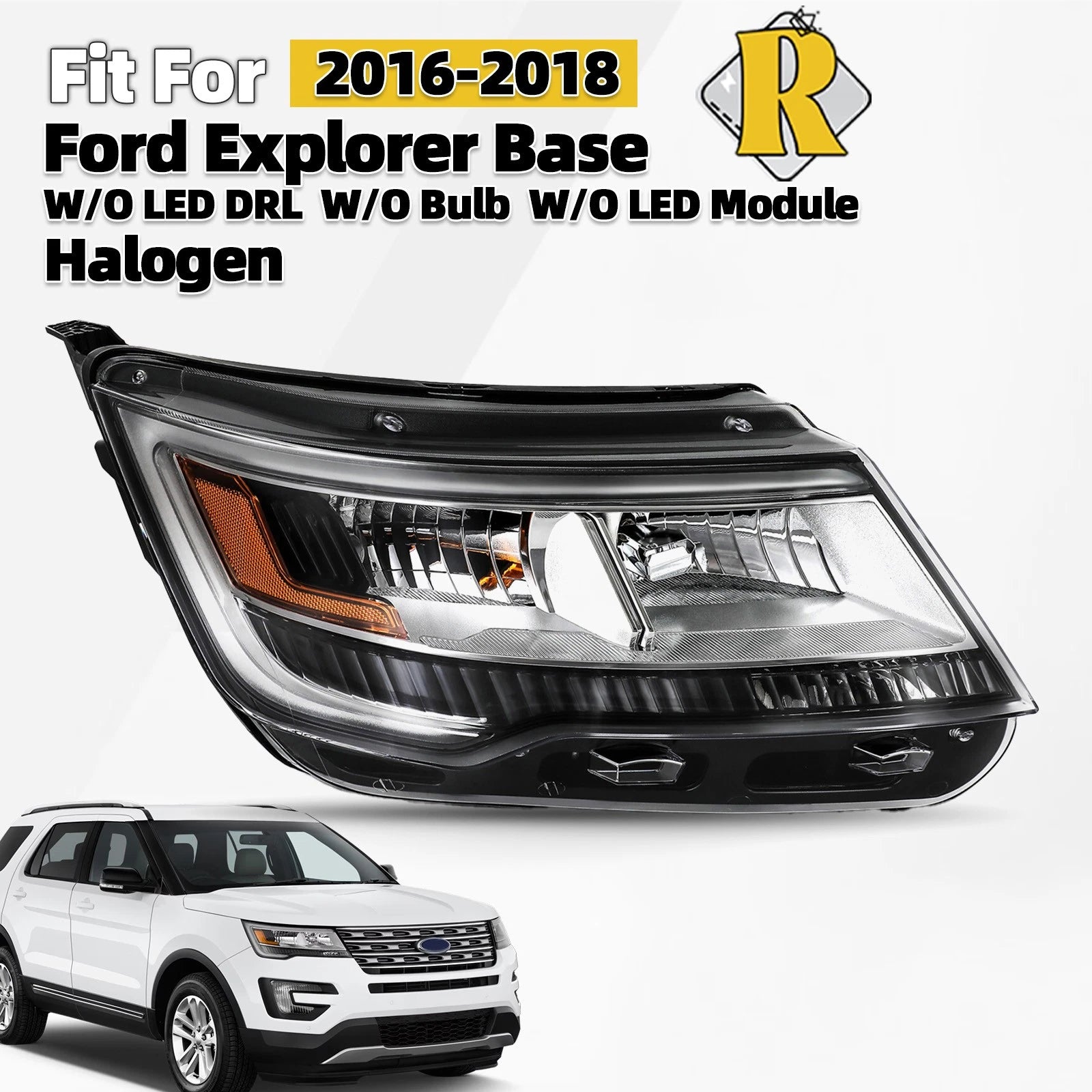 Halogen Headlight for Ford Explorer (2016–2018) Right Passenger W/O LED DRL