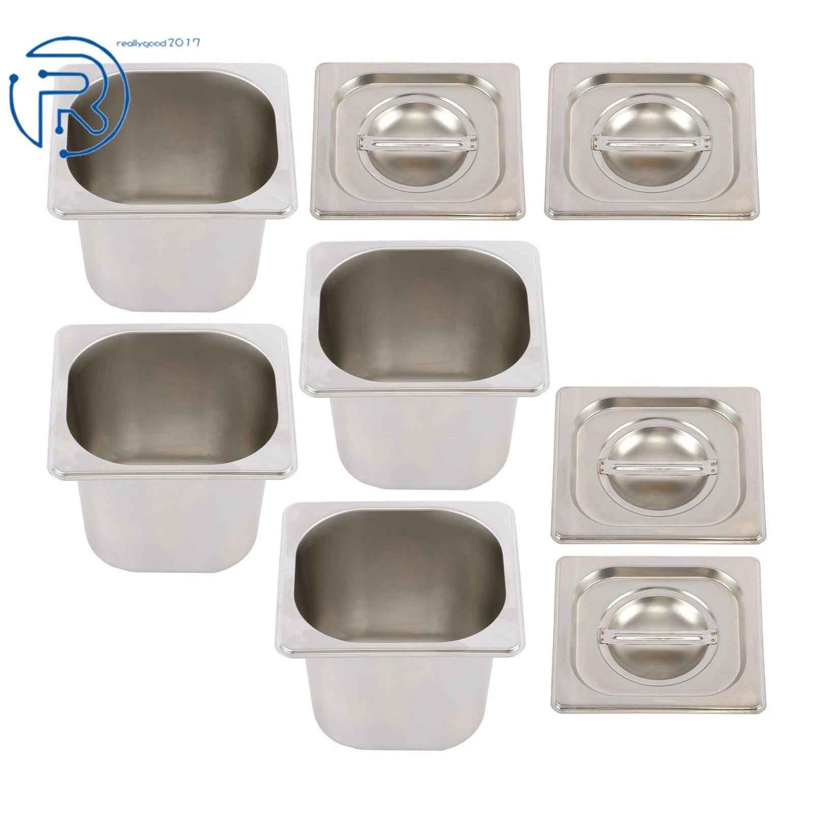 Set of 4 Stainless Steel Steam Hotel Pans with Lids 1/6 6" Deep Non-Stick
